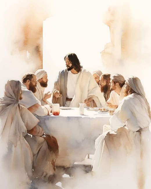 Ilustración en acuarela de la Última Cena — Cristo con sus discípulos